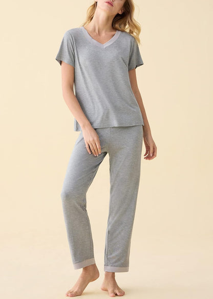 Chic Women's V-Neck Short Sleeve Pajama Set with Comfortable Pants