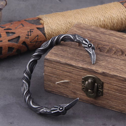 Stainless Steel Norse Raven Bracelet for Men with Viking Wooden Gift Box
