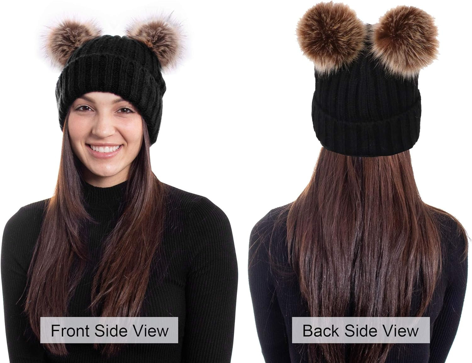 Cozy Women's Cable Knit Winter Beanie with Faux Fur Pompom Ears