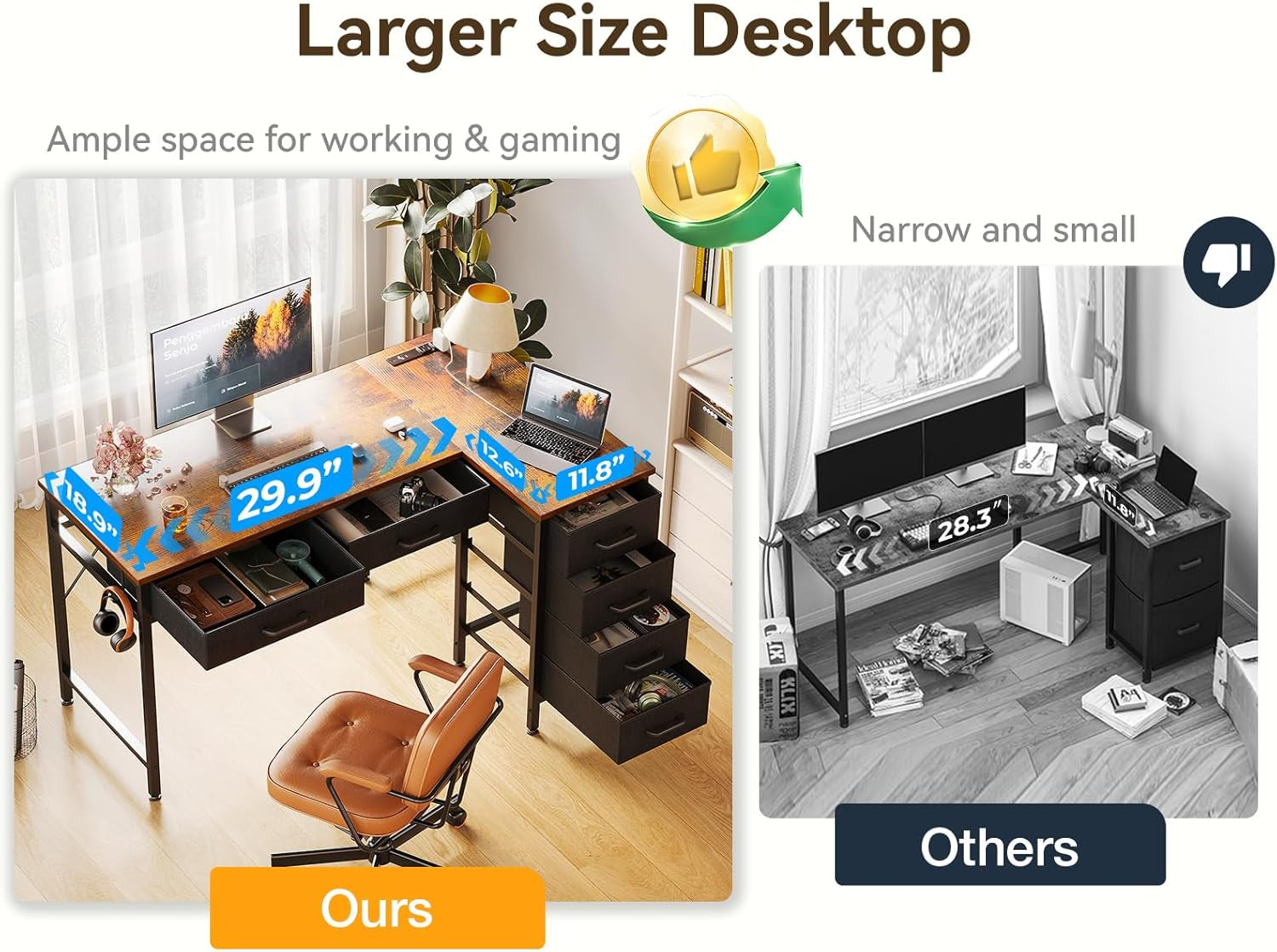 Vintage 42 Inch L Shaped Desk with Power Outlets & 6 Drawers - Perfect Reversible Corner Desk for Small Spaces!