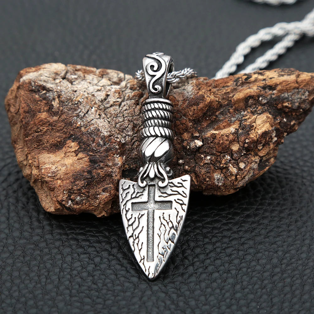 Men's Vintage Punk Viking Spear Pendant Necklace in Stainless Steel with Cross Arrow Design