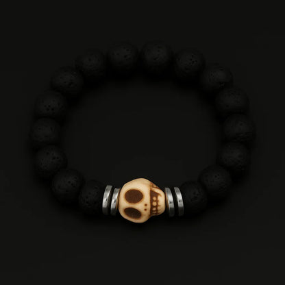 Stunning Natural Black Lava & White Skull Stone Bead Bracelet - Unique Fashion Statement!