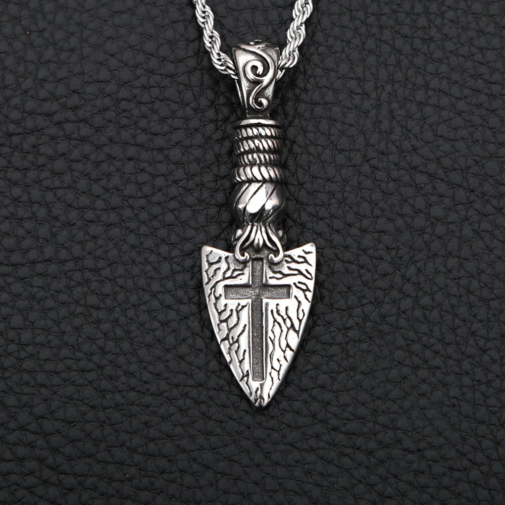 Men's Vintage Punk Viking Spear Pendant Necklace in Stainless Steel with Cross Arrow Design