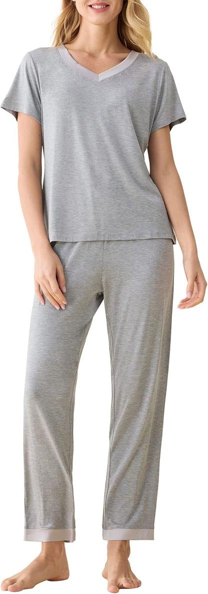Chic Women's V-Neck Short Sleeve Pajama Set with Comfortable Pants