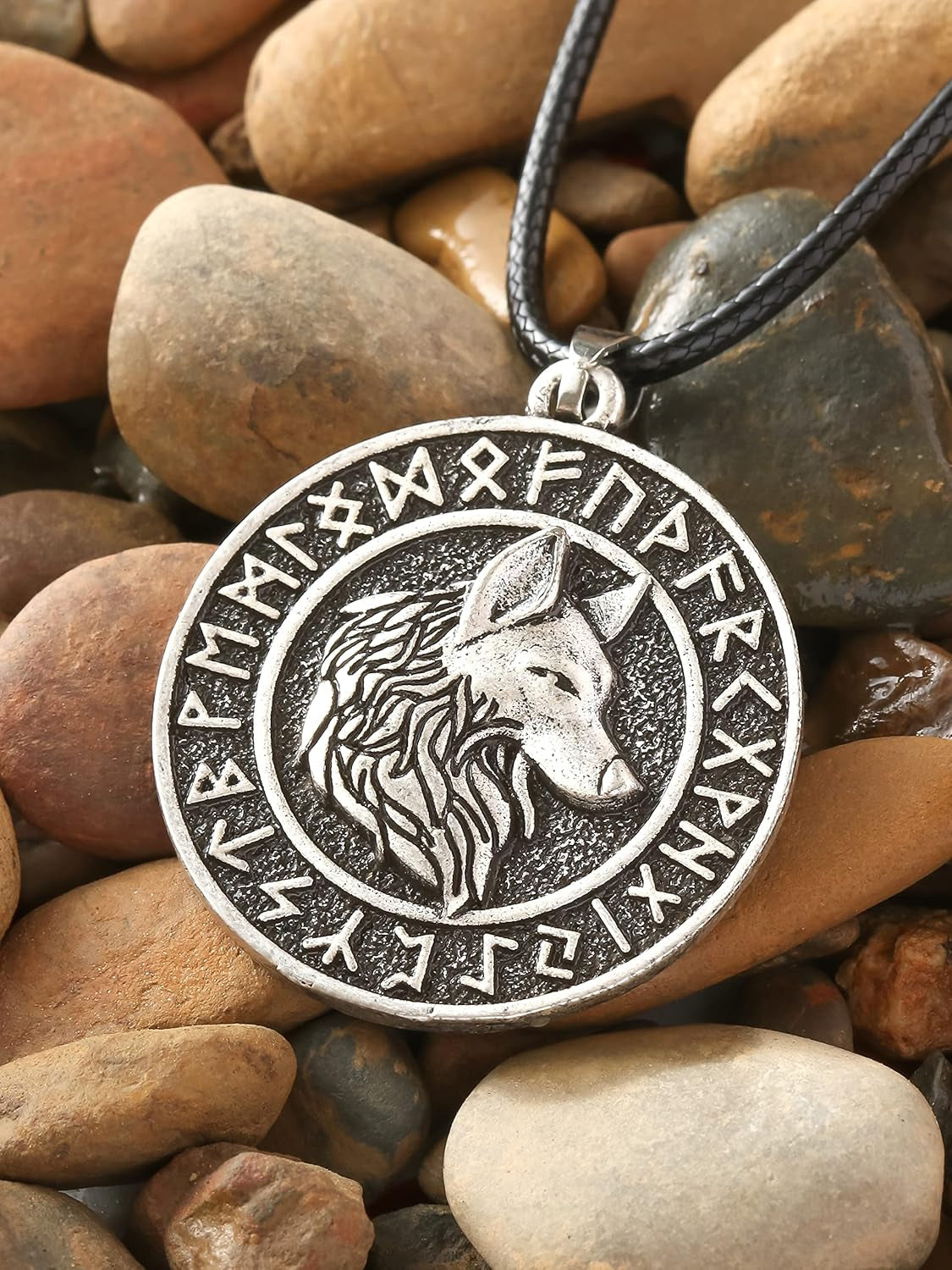 Viking Wolf Necklace, Ancient Runes Medallion