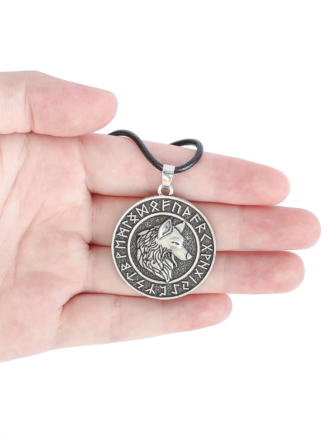 Viking Wolf Necklace, Ancient Runes Medallion