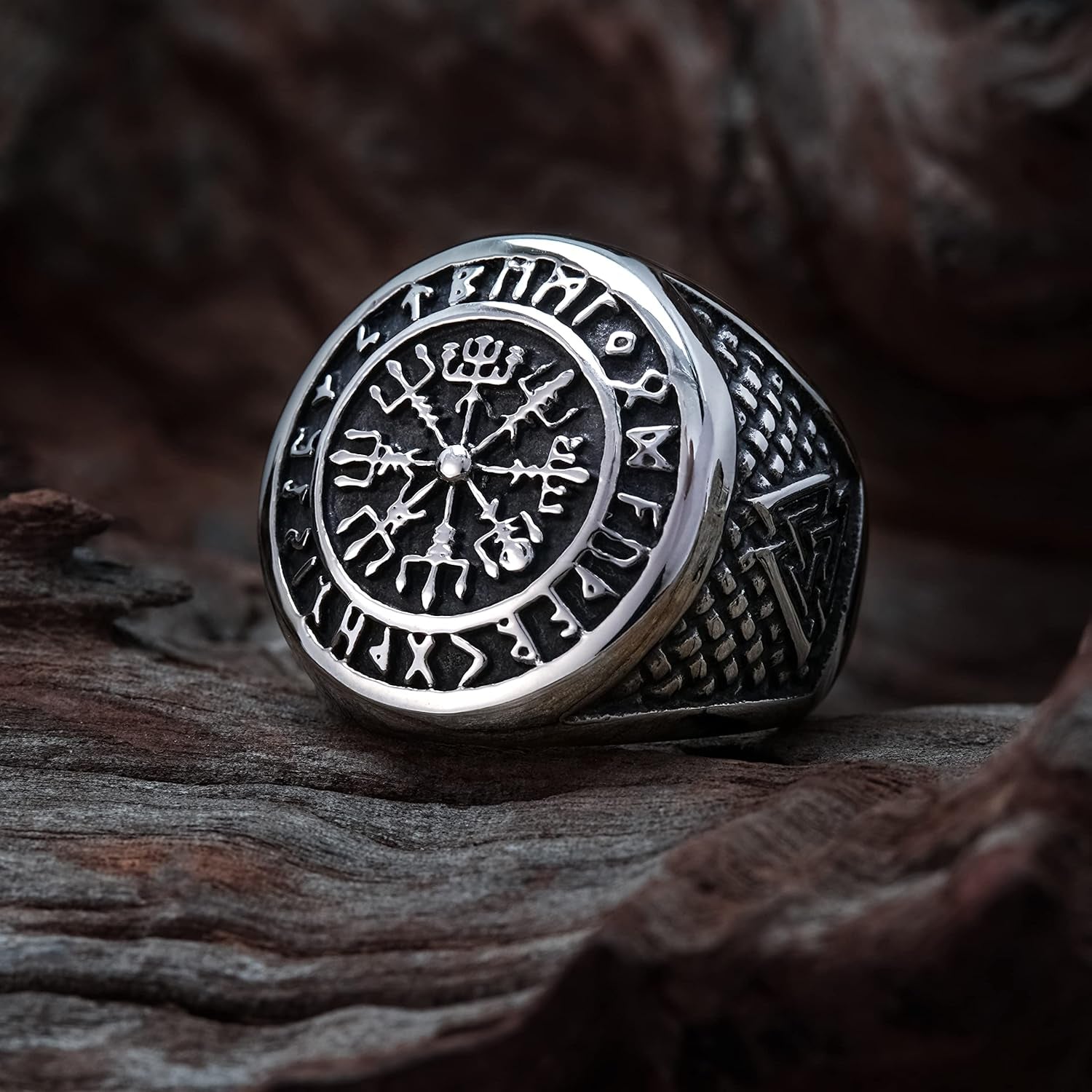 Viking Runic Compass Ring with Rune Circle and Double Valknut Symbol in 316L Stainless Steel - Norse Scandinavian Jewelry