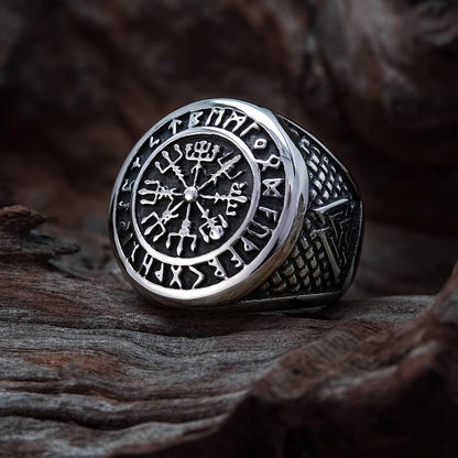 Viking Runic Compass Ring with Rune Circle and Double Valknut Symbol in 316L Stainless Steel - Norse Scandinavian Jewelry