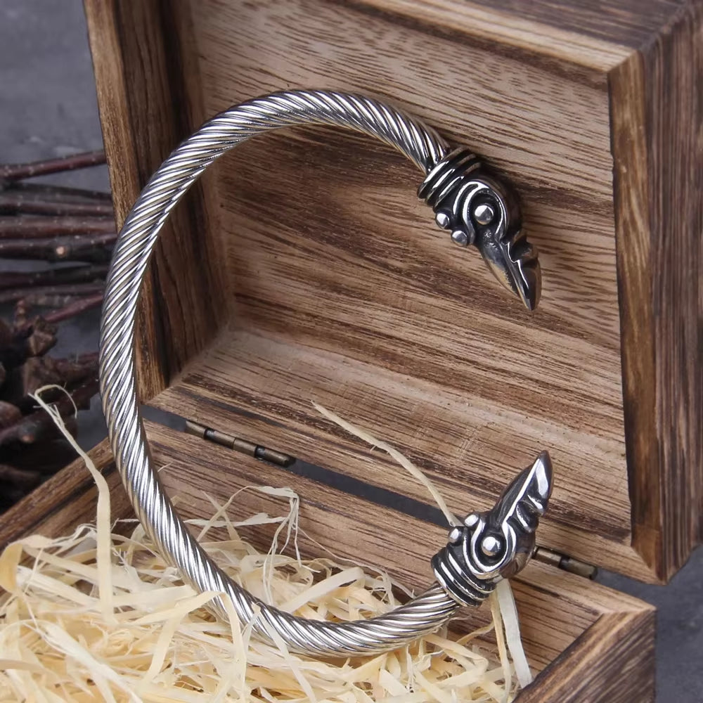Stainless Steel Norse Raven Bracelet for Men with Viking Wooden Gift Box