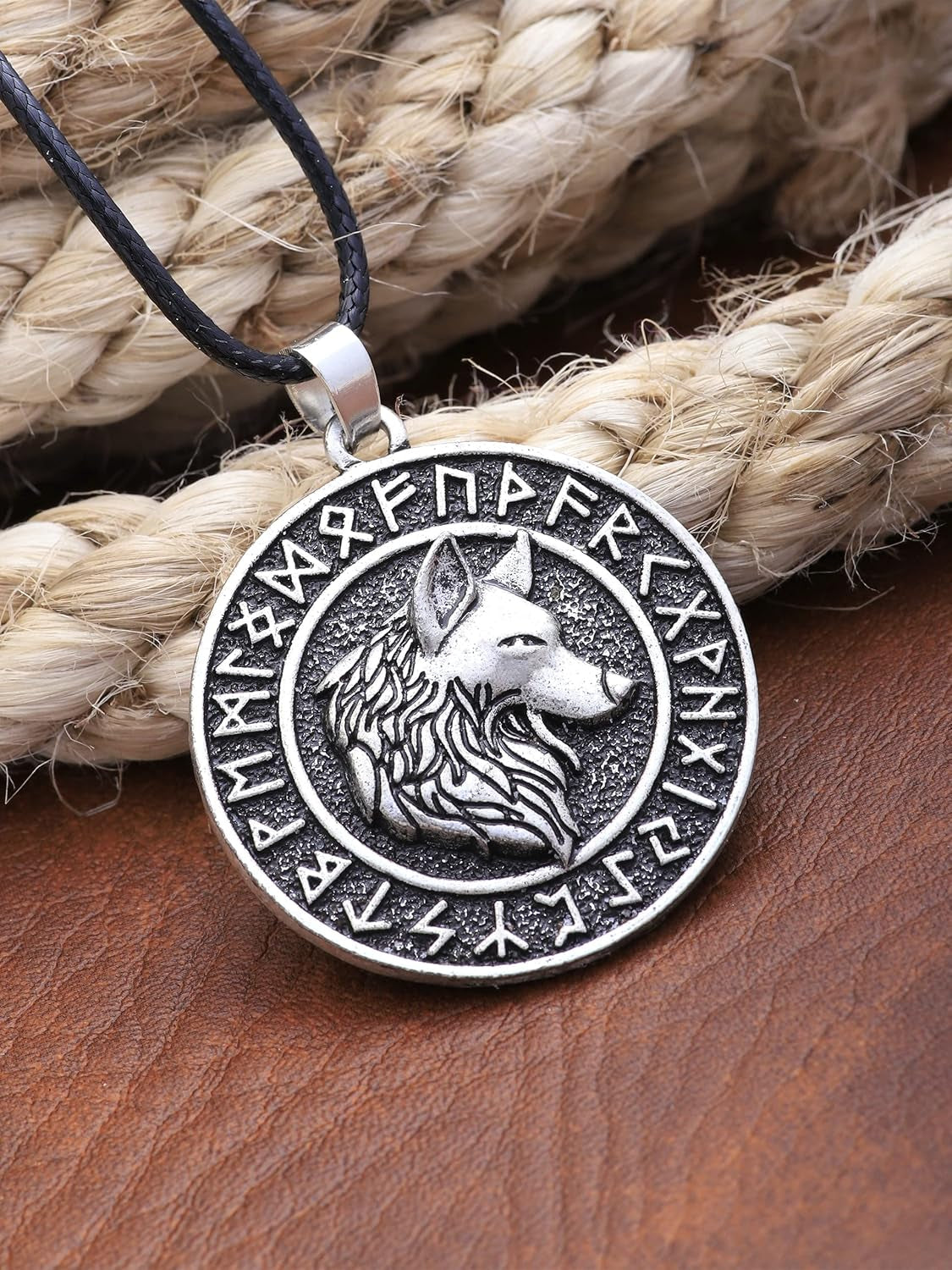 Viking Wolf Necklace, Ancient Runes Medallion