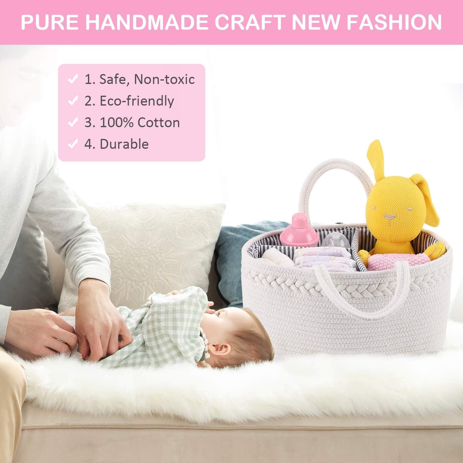 Stylish Baby Diaper Caddy - Versatile Nursery Storage Bin & Car Organizer for Diapers and Wipes, Soft Cotton Rope Design for Changing Table Essentials