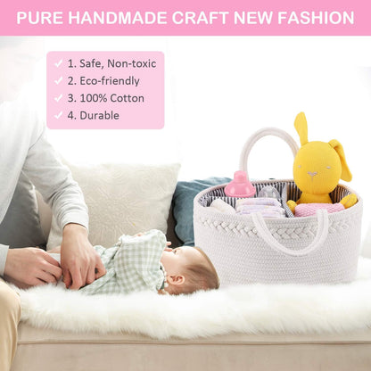 Stylish Baby Diaper Caddy - Versatile Nursery Storage Bin & Car Organizer for Diapers and Wipes, Soft Cotton Rope Design for Changing Table Essentials