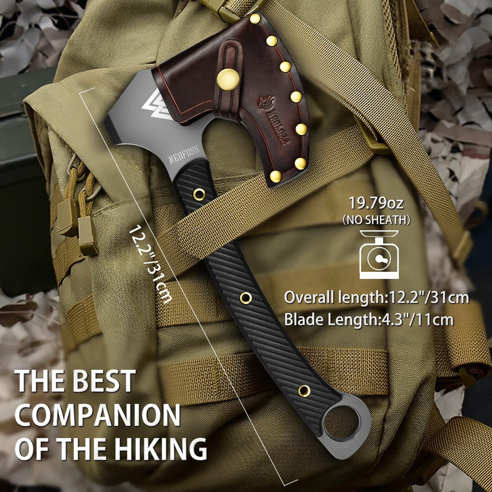 Nedfoss 12.2-Inch Tactical Tomahawk Axe with Leather Sheath and G10 Handle, Heavy Duty Construction